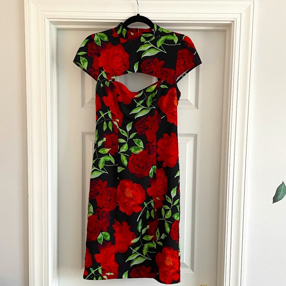 Bebe | Red Floral Rose Cutout Bodycon Dress